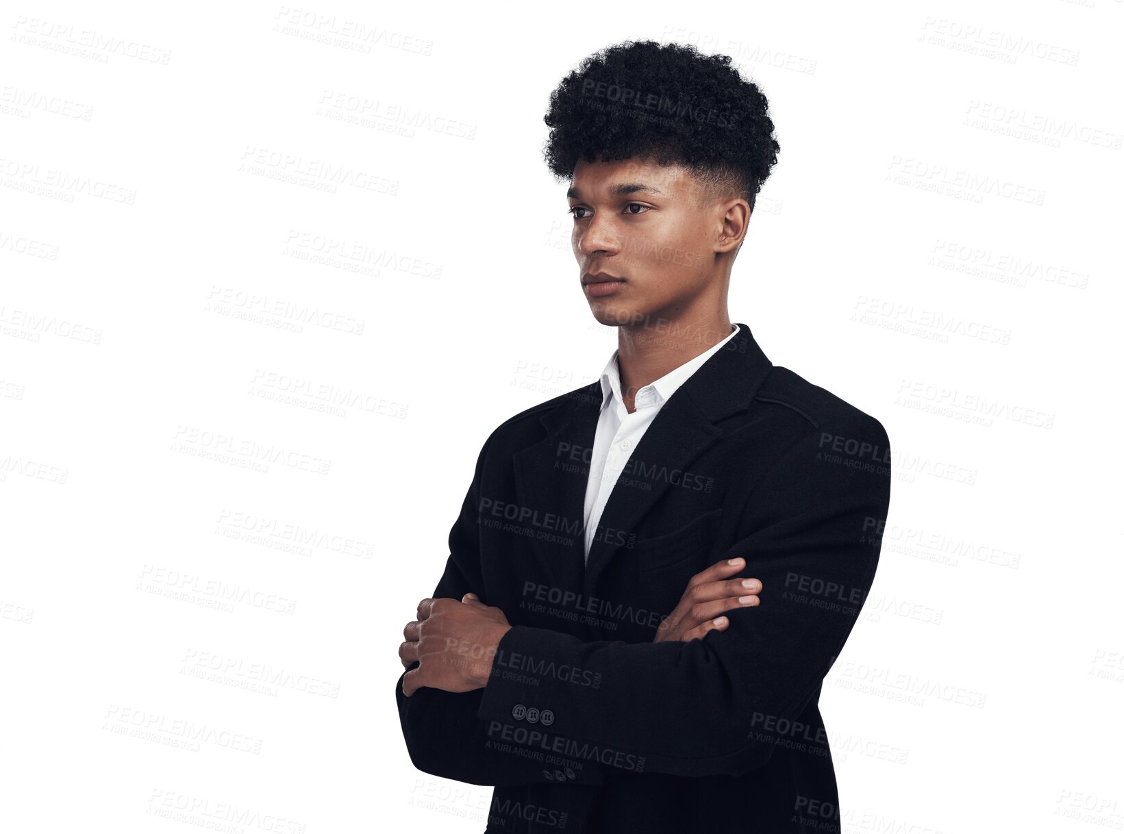 Buy stock photo Pride, confidence and African businessman with arms crossed at HR agency isolated on transparent png background. Serious, confident and proud young black man, consultant at human resource business.