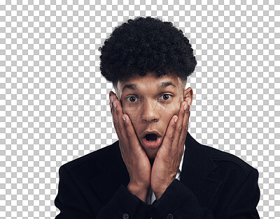 Buy stock photo Shock, surprise and portrait of young man with wtf, omg or wow facial expression in a suit. Reaction, emoji and shocked male model with hands on face in panic isolated by transparent png background.