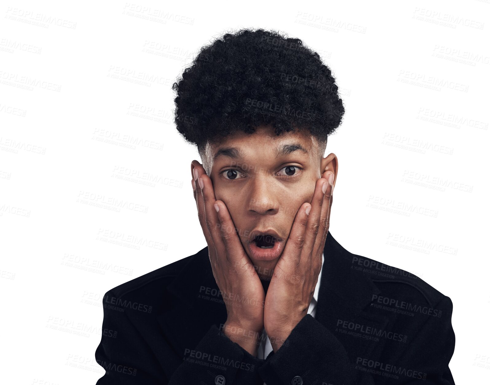 Buy stock photo Shock, surprise and portrait of young man with wtf, omg or wow facial expression in a suit. Reaction, emoji and shocked male model with hands on face in panic isolated by transparent png background.