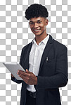 PNG Studio shot of a young businessman using a digital tablet against a grey background