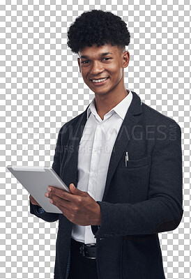 Buy stock photo Business, portrait and happy man with digital tablet for social media on isolated, transparent or png background. Face, smile and male designer online for app development, research or creative design