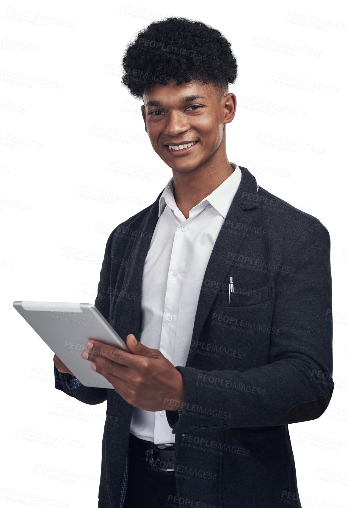 Buy stock photo Business, portrait and happy man with digital tablet for social media on isolated, transparent or png background. Face, smile and male designer online for app development, research or creative design