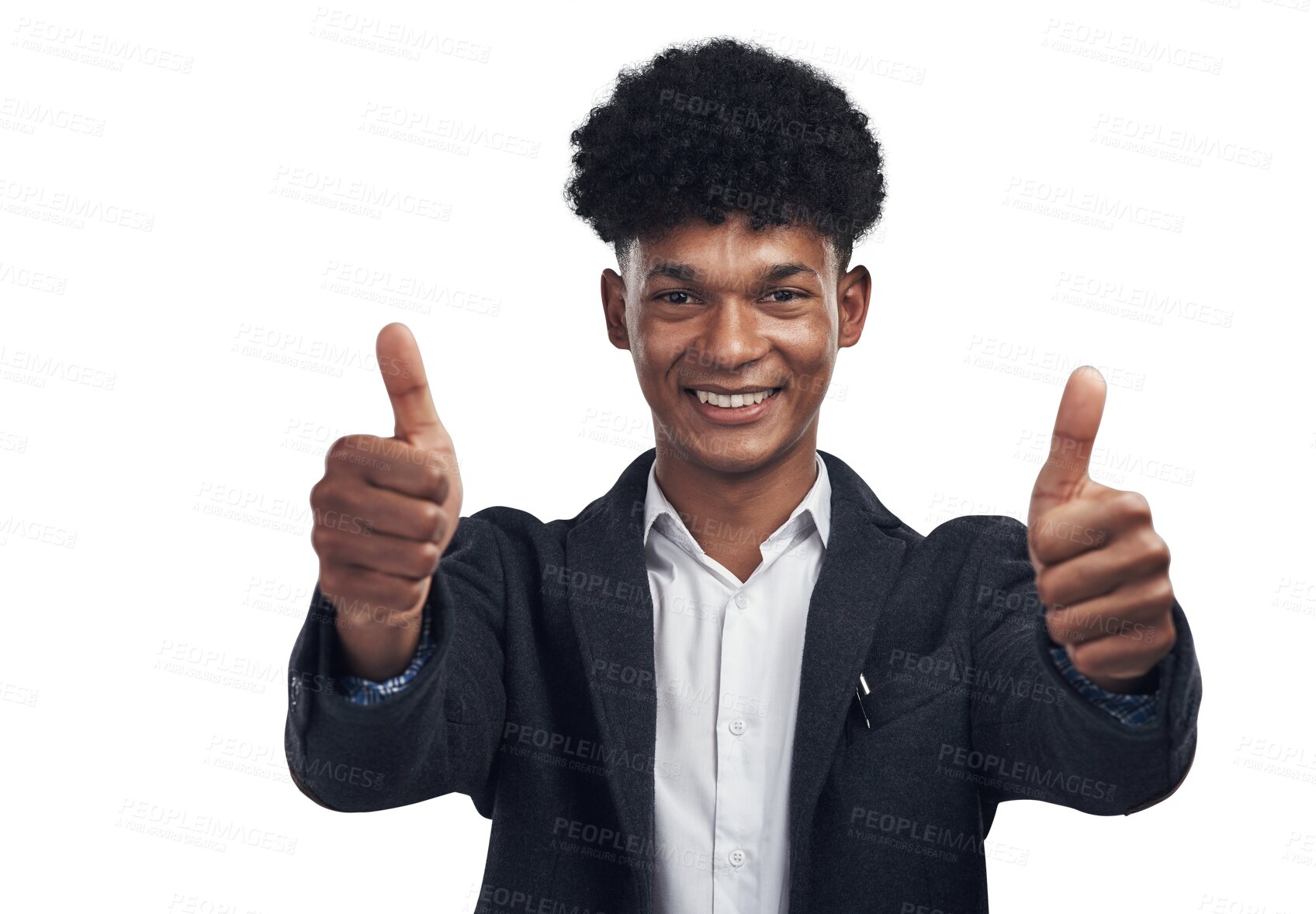 Buy stock photo Smile, portrait and thumbs up, African businessman at HR agency with confidence isolated on transparent png background. Happy yes, confident and agreement, black man or consultant in human resources