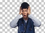 PNG shot of a male nurse looking astonished while standing against a grey background