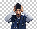 PNG shot of a male nurse looking astonished while standing against a grey background