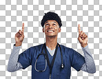 PNG shot of a male nurse pointing at copy space while standing against a grey background