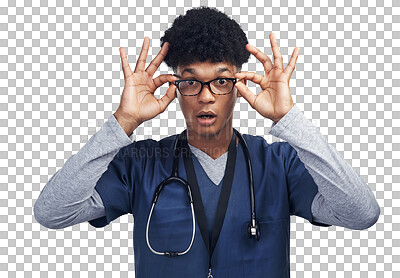 Buy stock photo Surprise, doctor and portrait of man with glasses on isolated, PNG and transparent background. Healthcare, nurse and shocked male worker with eyewear for service, consulting and health information