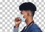 PNG  of a male nurse coughing while wearing a face maskisolated on a transparent PNG background