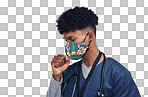 PNG of a male nurse coughing while wearing a face maskisolated on a transparent PNG background