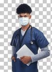 PNG of a male nurse holding a digital tablet while standing against a grey background