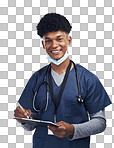 png of a male nurse holding a clipboard while standing against isolated on a transparent PNG background