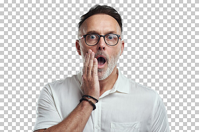 Buy stock photo Shock, mature man and portrait with wow face from news, accident or secret. Male businessman, open mouth and glasses with omg and surprise isolated on a transparent, png background from work