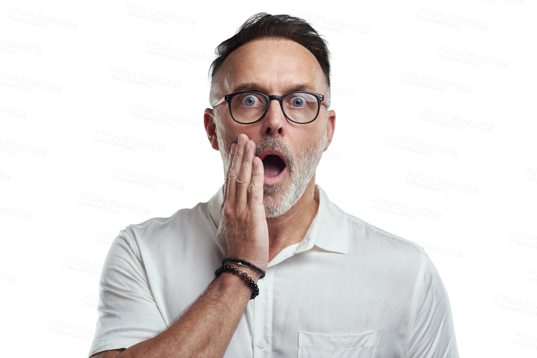 Buy stock photo Shock, mature man and portrait with wow face from news, accident or secret. Male businessman, open mouth and glasses with omg and surprise isolated on a transparent, png background from work