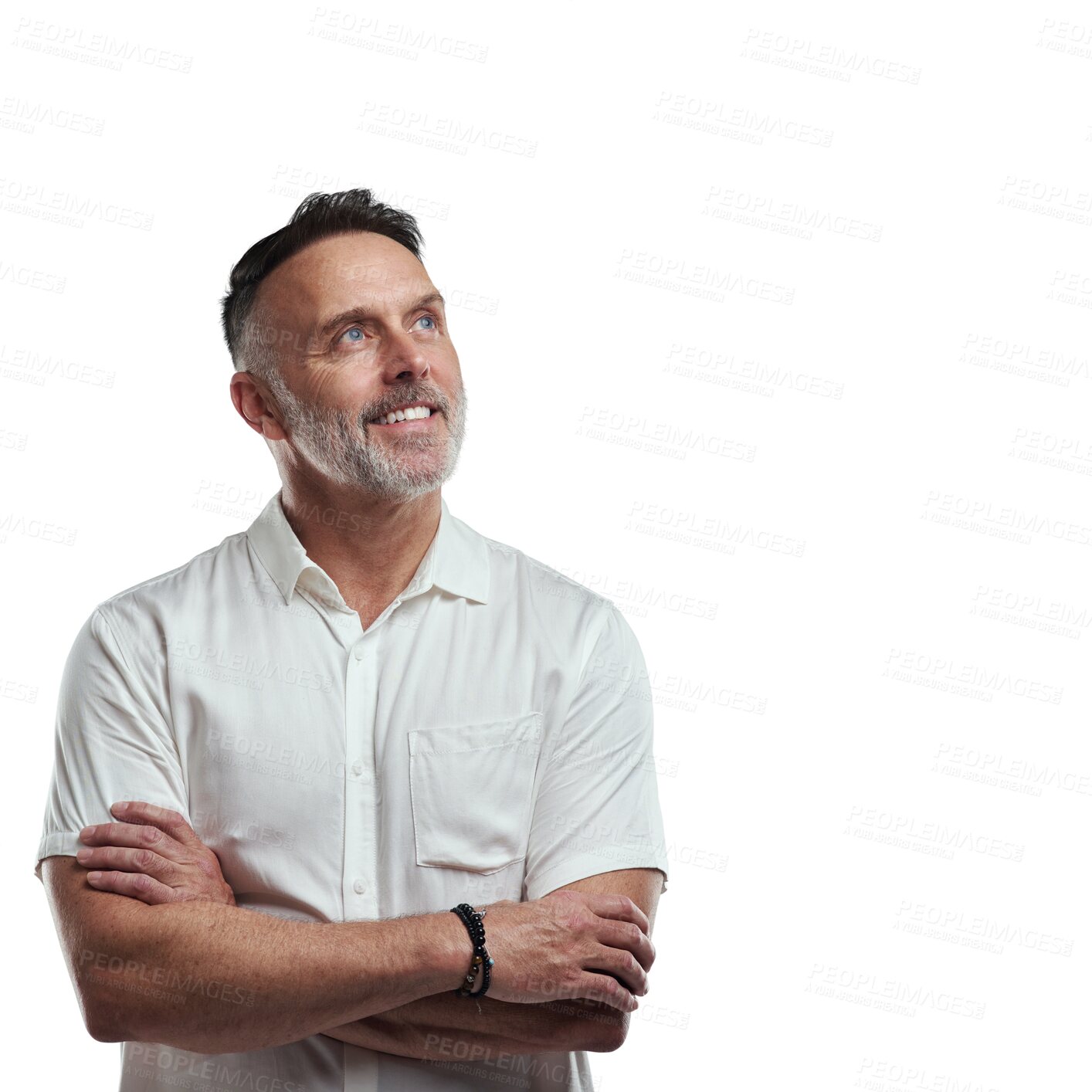 Buy stock photo Thinking, ideas and man with smile, arms crossed and isolated on transparent png background. Mature, happy and confident person with pride, idea and mindset in contemplation in thought of happiness.