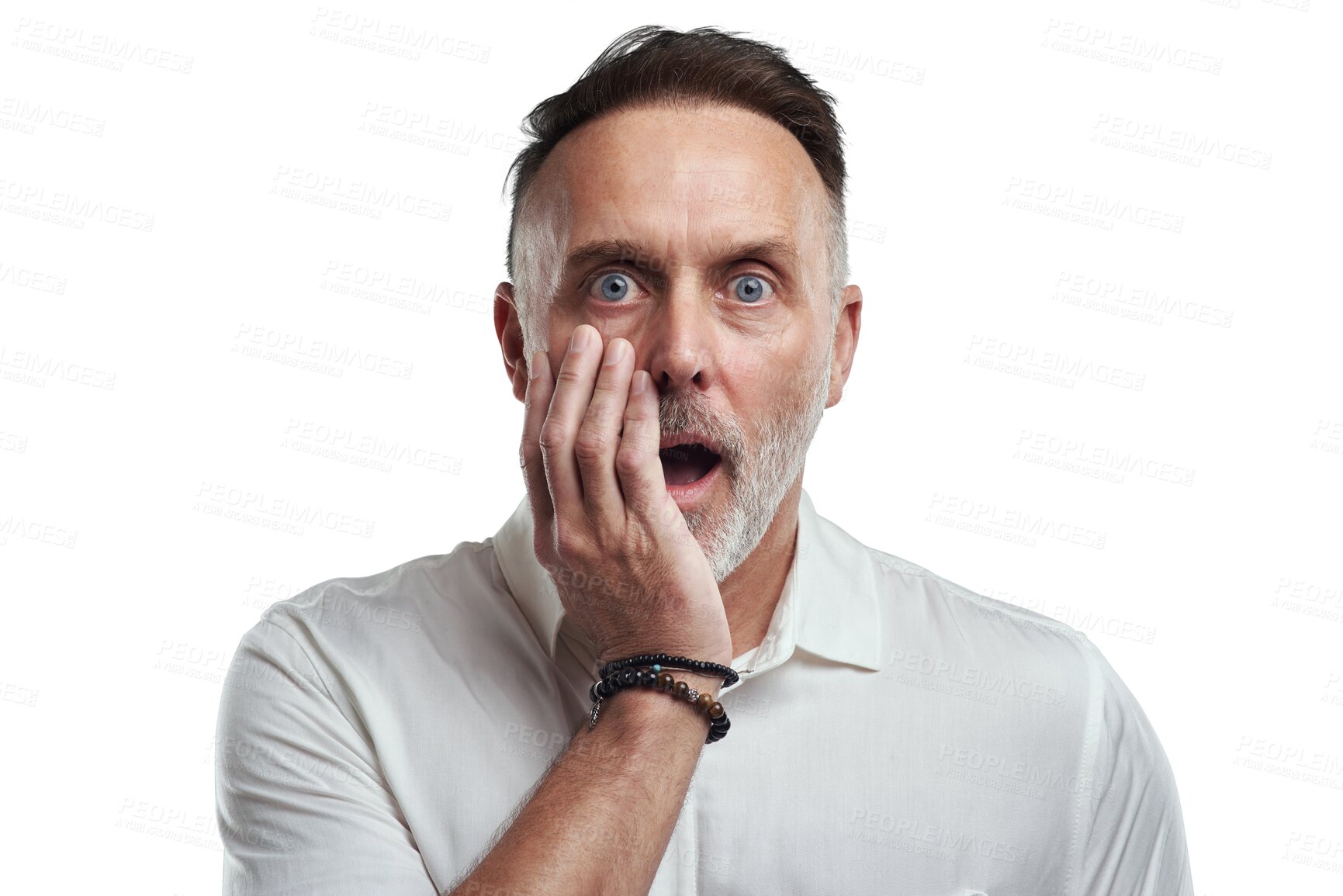 Buy stock photo Shock, mature man and portrait with wow face from gossip news, accident or secret. Male businessman, open mouth and shocked with omg and surprise isolated on a transparent, png background from work