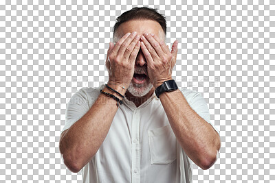 Buy stock photo Scared, shock and man with eyes cover isolated on a transparent, png background. Alert mature male person, accident and no see from problem and secret issue with surprise and shocked face alone