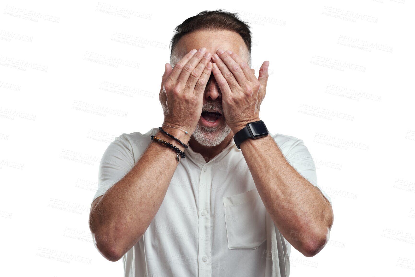 Buy stock photo Scared, shock and man with eyes cover isolated on a transparent, png background. Alert mature male person, accident and no see from problem and secret issue with surprise and shocked face alone