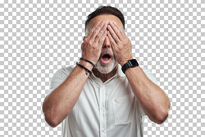 Buy stock photo Wow, shock and man with eyes cover isolated on a transparent, png background. Alert mature male person, accident and no see from problem and secret issue with surprise and shocked face alone