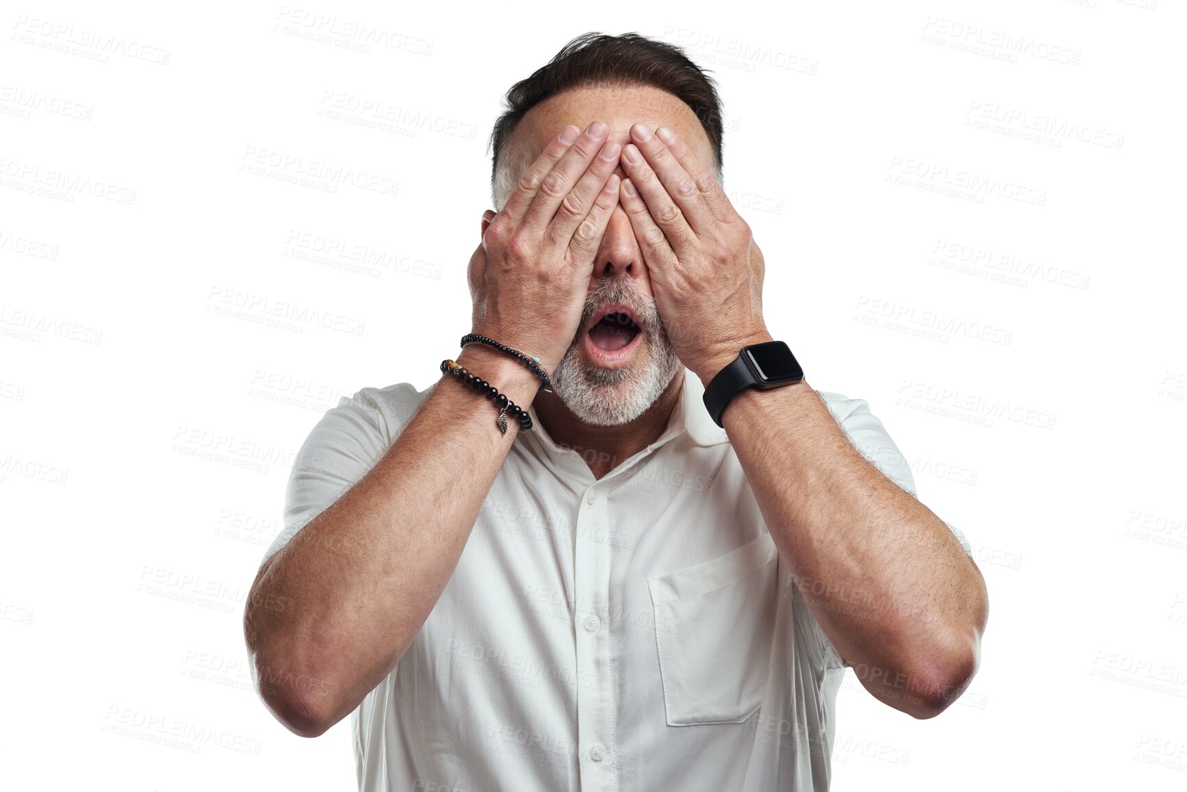 Buy stock photo Wow, shock and man with eyes cover isolated on a transparent, png background. Alert mature male person, accident and no see from problem and secret issue with surprise and shocked face alone