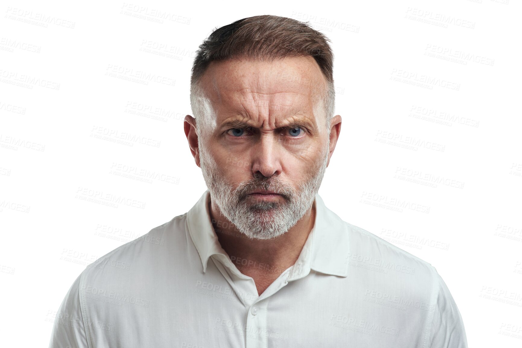 Buy stock photo Mature, man portrait and anger with problem and issue feeling difficult and frustrated. Male person, frown and fail of a businessman angry and isolated on a transparent, png background unhappy