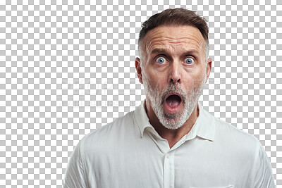 Buy stock photo Mature man, shock and portrait with mistake, surprise and emoji face isolated on a transparent, png background. Male person, open mouth and wow from gossip of a businessman hearing secret and news