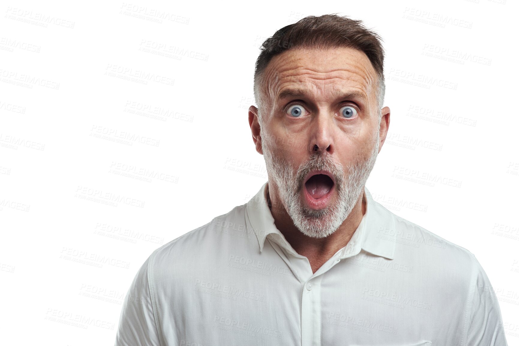 Buy stock photo Mature man, shock and portrait with mistake, surprise and emoji face isolated on a transparent, png background. Male person, open mouth and wow from gossip of a businessman hearing secret and news