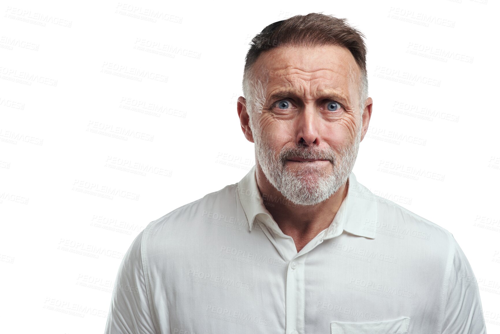 Buy stock photo Face portrait, fear and man scared with anxiety, depression or sad over mental health problem. Panic, horror facial expression and unhappy person depressed isolated on transparent, png background