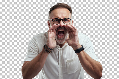 Buy stock photo Face portrait, anger and man shout in conflict, fight or argument over risk problem, crisis or mistake. Angry voice, stress and unhappy person frustrated isolated on transparent, png background