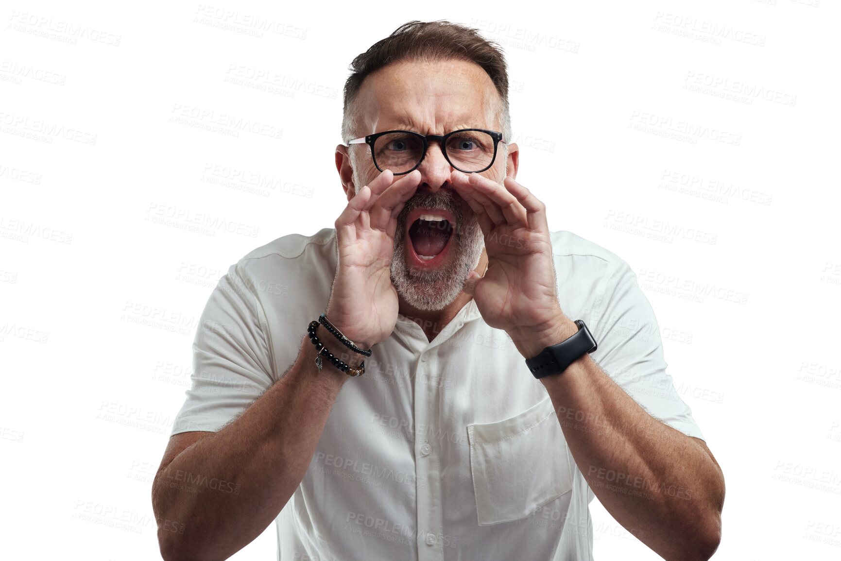 Buy stock photo Face portrait, anger and man shout in conflict, fight or argument over risk problem, crisis or mistake. Angry voice, stress and unhappy person frustrated isolated on transparent, png background