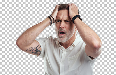 Buy stock photo Face, stress and crisis man shocked over bad mistake, risk problem or news feedback, announcement or notification. Mental health, anxiety and frustrated person isolated on transparent, png background