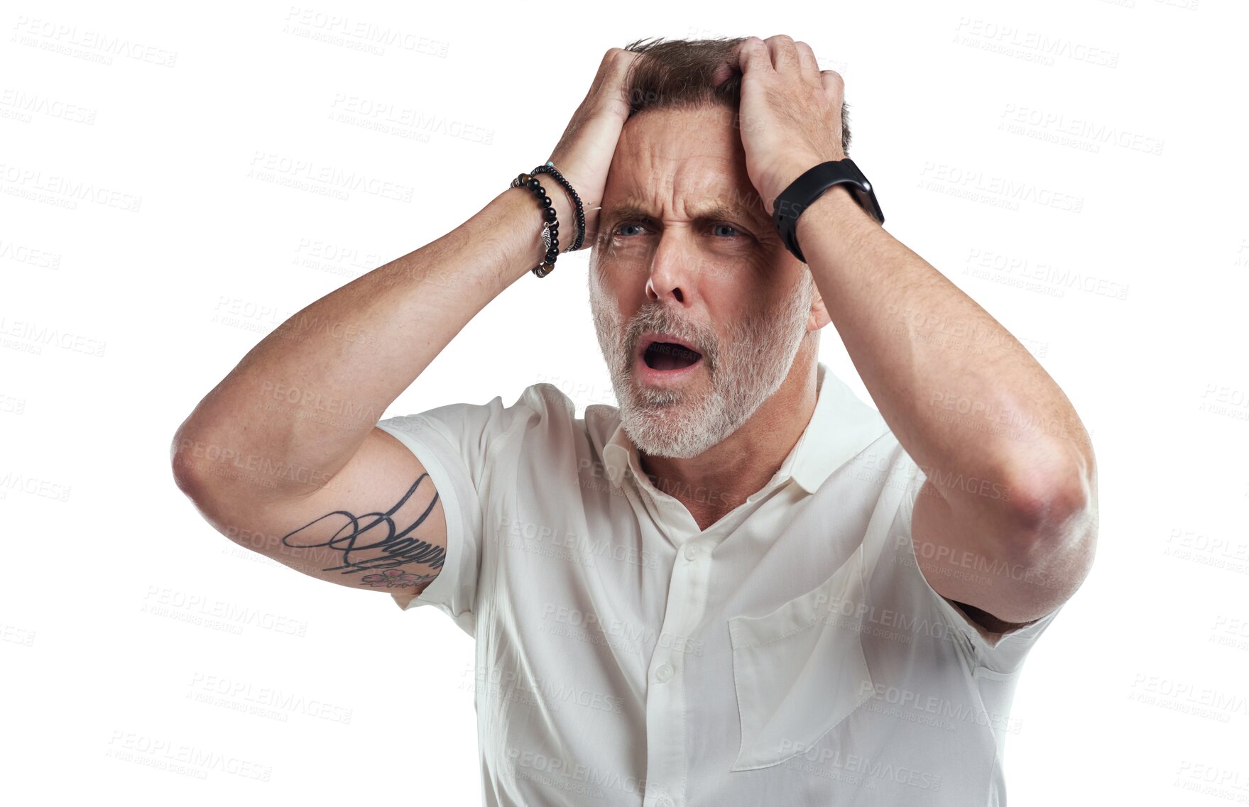 Buy stock photo Face, stress and crisis man shocked over bad mistake, risk problem or news feedback, announcement or notification. Mental health, anxiety and frustrated person isolated on transparent, png background