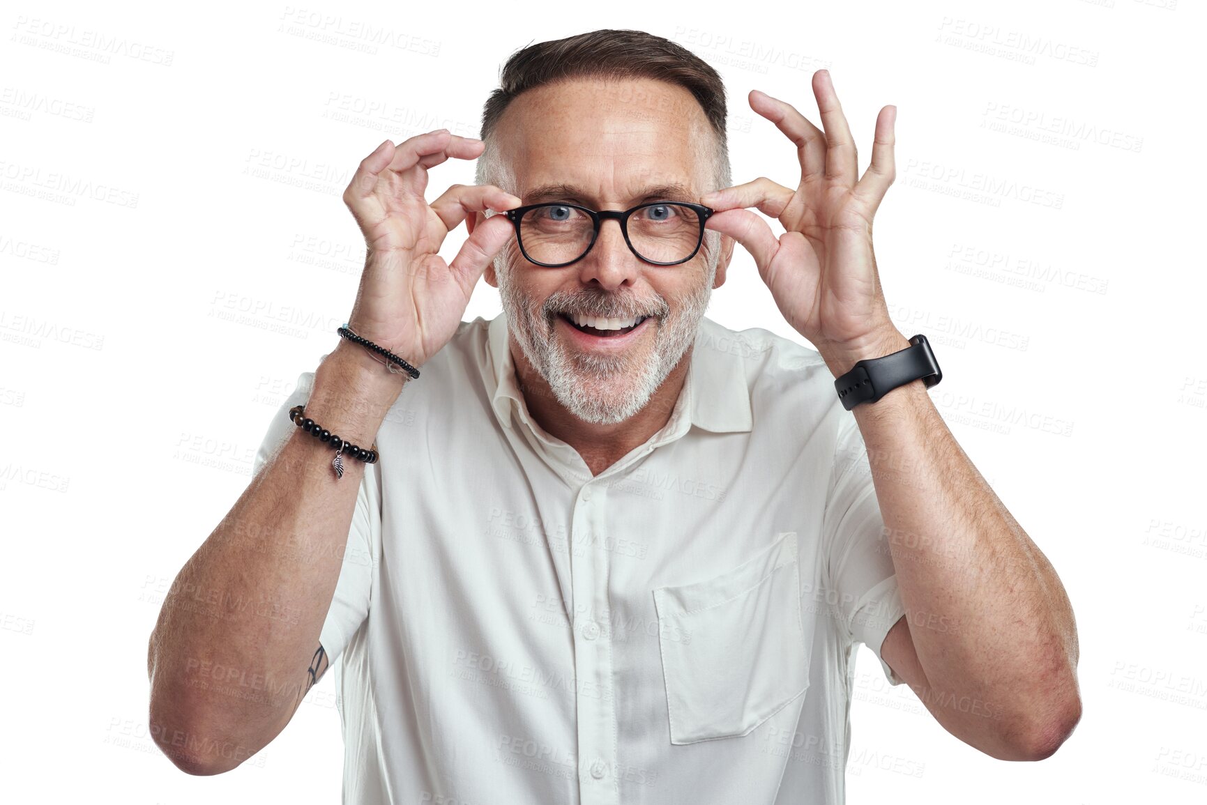 Buy stock photo Portrait, smile and senior man with glasses, see and confident guy isolated against a transparent background. Face, male person or mature model with spectacles, eye care or looking with png or vision