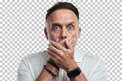 Buy stock photo Shock, man and portrait with wow face from news, accident or secret. Male person, covered mouth and glasses with omg and surprise isolated on a transparent, png background with wtf and gossip