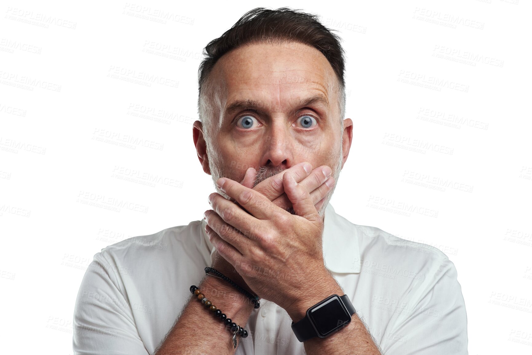 Buy stock photo Shock, man and portrait with wow face from news, accident or secret. Male person, covered mouth and glasses with omg and surprise isolated on a transparent, png background with wtf and gossip