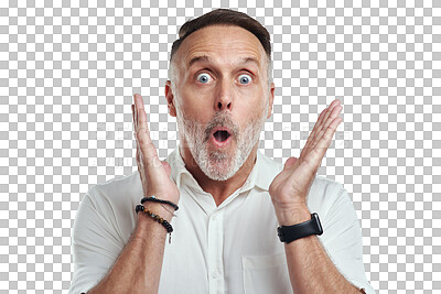 Buy stock photo Mature man, wow and portrait with surprise and emoji face isolated on a transparent, png background. Male person, open mouth and happy from gossip of a businessman hearing secret and good news