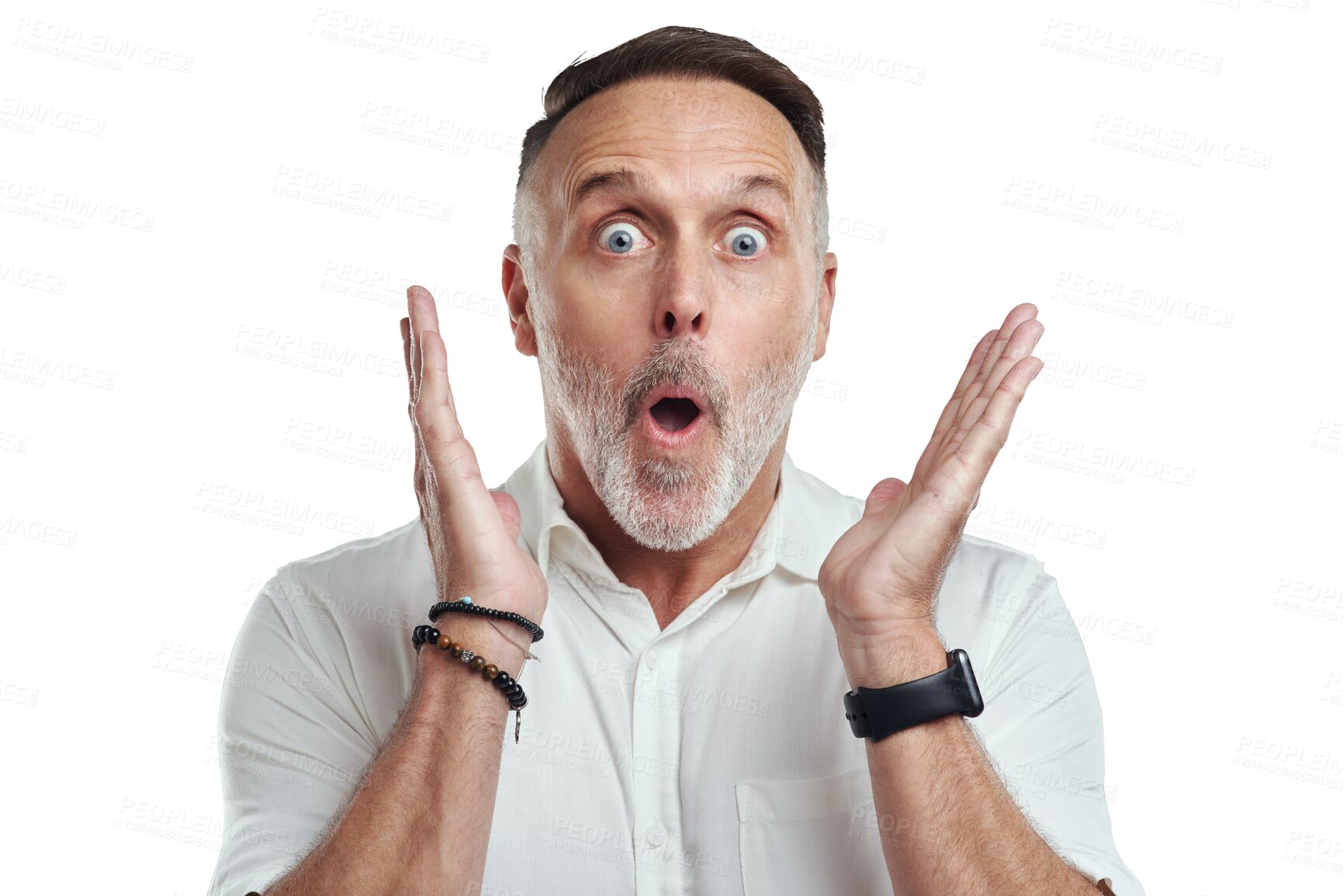 Buy stock photo Mature man, wow and portrait with surprise and emoji face isolated on a transparent, png background. Male person, open mouth and happy from gossip of a businessman hearing secret and good news