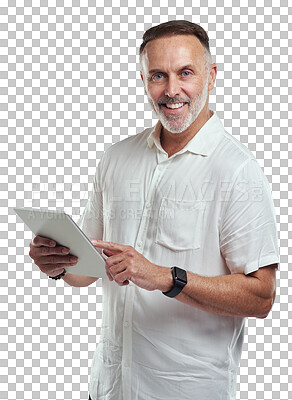 Buy stock photo Tablet, portrait and happy senior man typing, scroll or check email communication, online research or search website. Happiness, internet and elderly person isolated on transparent, png background