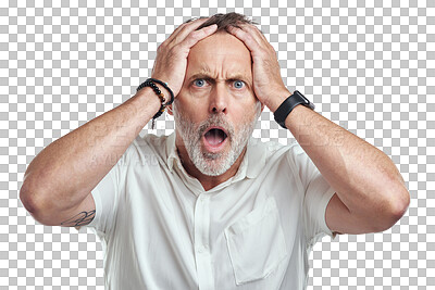 Buy stock photo Mature man, anger and shock portrait with job mistake and emoji face isolated on a transparent, png background. Male person, open mouth and frustrated from issue accident and professional problem