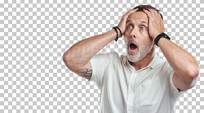 Buy stock photo Wow, stress or shocked mature man with panic or fear isolated on transparent png background. Nervous, surprised or senior male person with anxiety, wtf or omg reaction to scary news or crisis problem