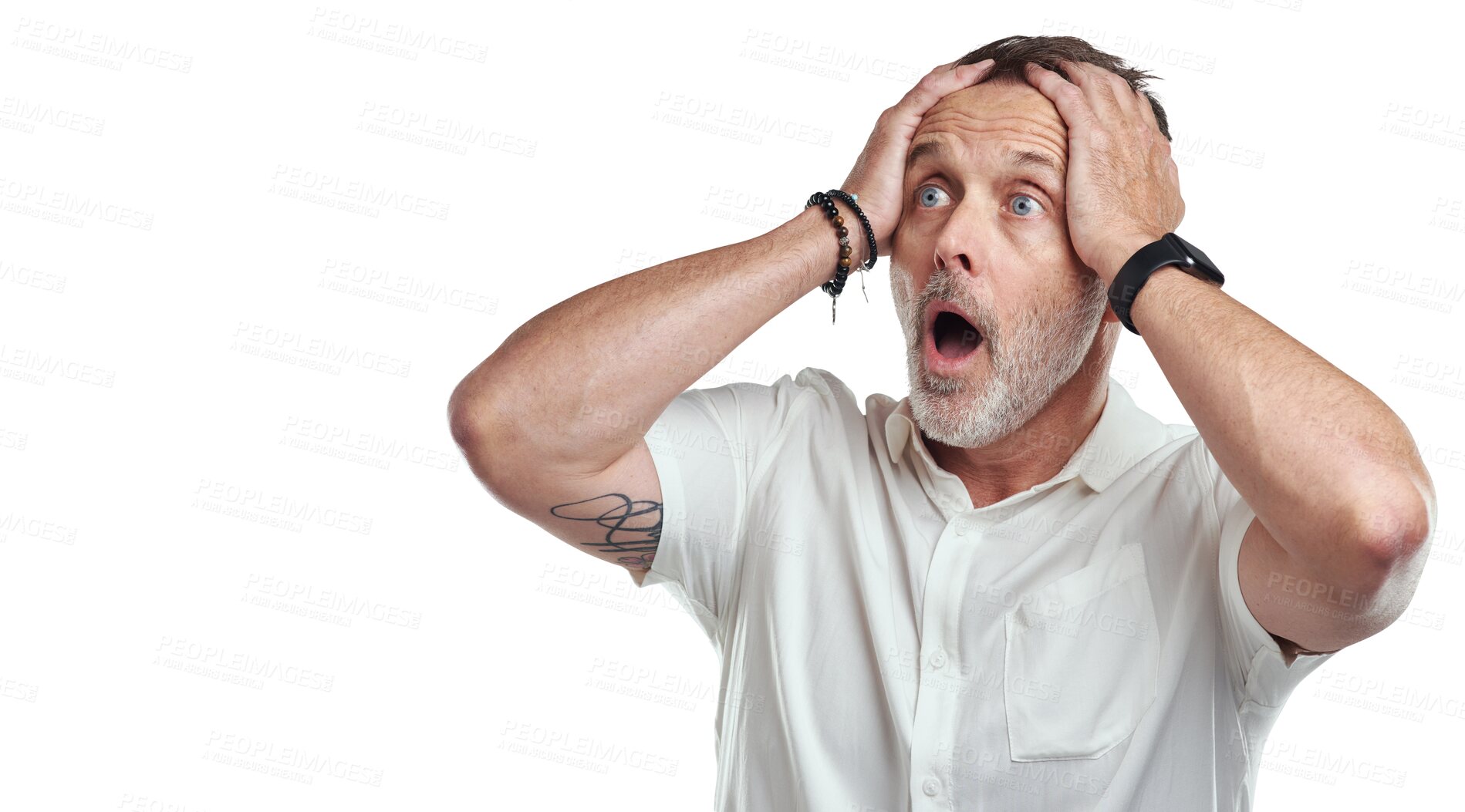 Buy stock photo Wow, stress or shocked mature man with panic or fear isolated on transparent png background. Nervous, surprised or senior male person with anxiety, wtf or omg reaction to scary news or crisis problem