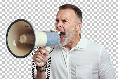 Buy stock photo Isolated mature man, megaphone and shout for opinion, vote or promotion by transparent png background. Angry male person, bullhorn or loudspeaker for voice, protest or public speech for announcement