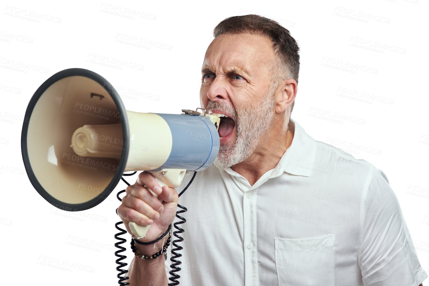 Buy stock photo Isolated mature man, megaphone and shout for opinion, vote or promotion by transparent png background. Angry male person, bullhorn or loudspeaker for voice, protest or public speech for announcement