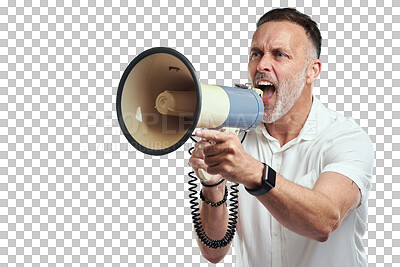 Buy stock photo Isolated mature man, megaphone and scream for opinion, vote or promotion by transparent png background. Angry male person, point and loudspeaker for voice, protest and public speech for announcement