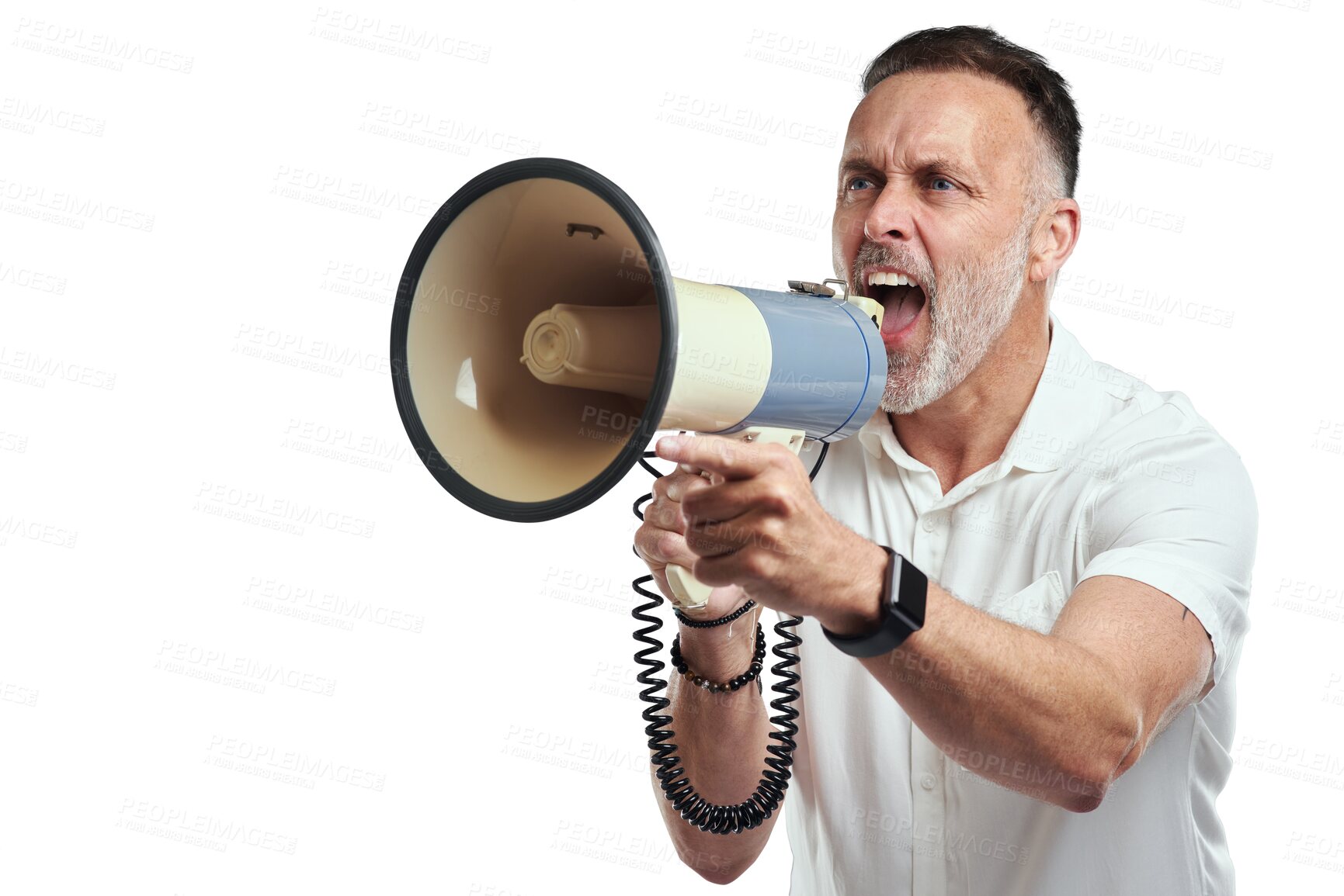 Buy stock photo Isolated mature man, megaphone and scream for opinion, vote or promotion by transparent png background. Angry male person, point and loudspeaker for voice, protest and public speech for announcement