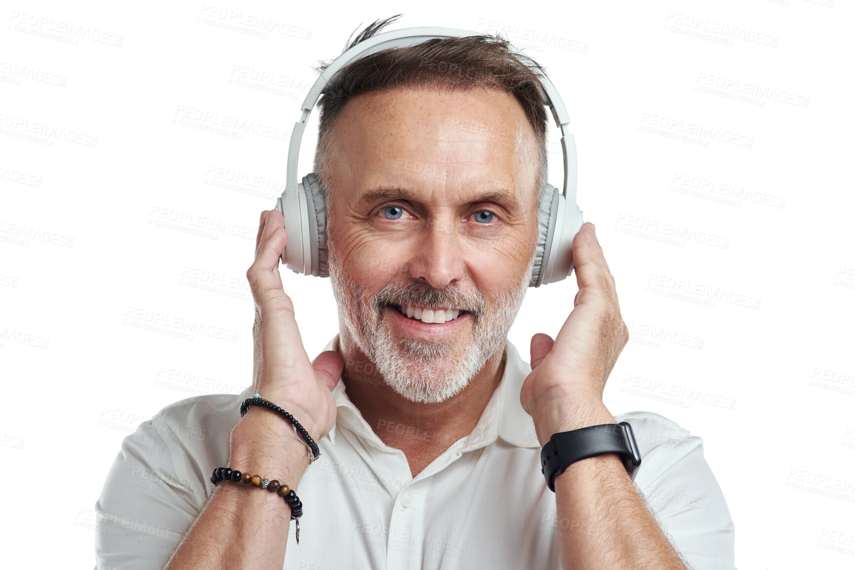 Buy stock photo Portrait, headphones or mature man streaming radio music, podcast or audio sound on subscription playlist. Smile, face or happy senior person listening to song isolated on transparent png background 