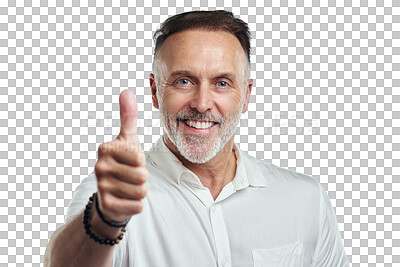 Buy stock photo Senior happy man, portrait or thumbs up for success, good job or like isolated on transparent PNG background. Smile, hand gesture or mature person with thank you, yes sign or vote for an okay review 