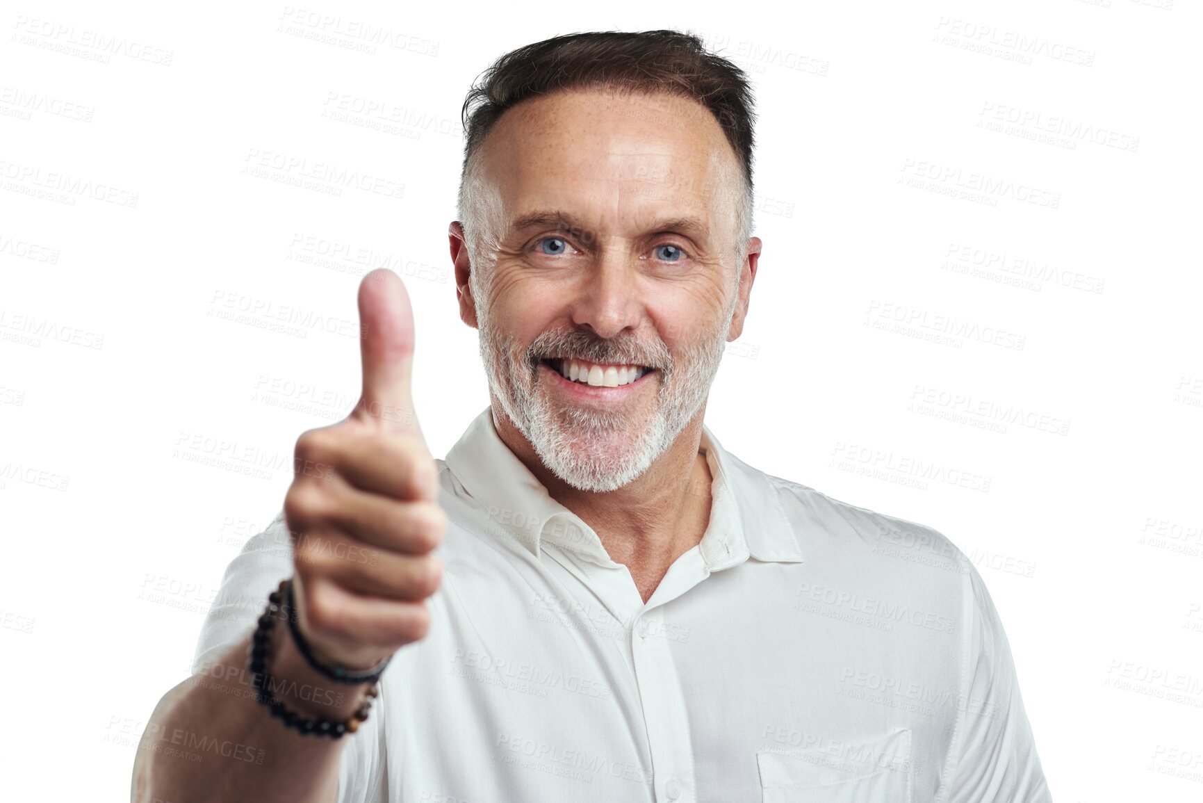 Buy stock photo Senior happy man, portrait or thumbs up for success, good job or like isolated on transparent PNG background. Smile, hand gesture or mature person with thank you, yes sign or vote for an okay review 