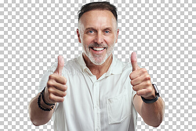 Buy stock photo Thumbs up, portrait or senior man with smile for success, vote or like isolated on transparent PNG background. Okay feedback, hand gesture or happy person with thank you, yes sign or good job review