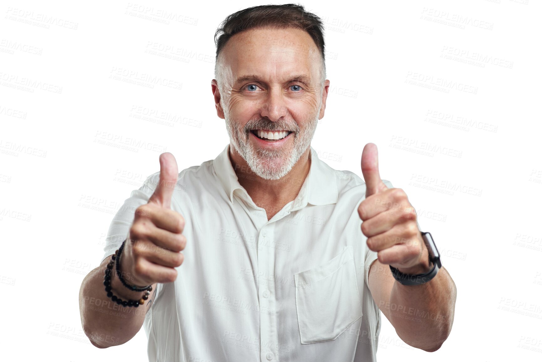 Buy stock photo Thumbs up, portrait or senior man with smile for success, vote or like isolated on transparent PNG background. Okay feedback, hand gesture or happy person with thank you, yes sign or good job review