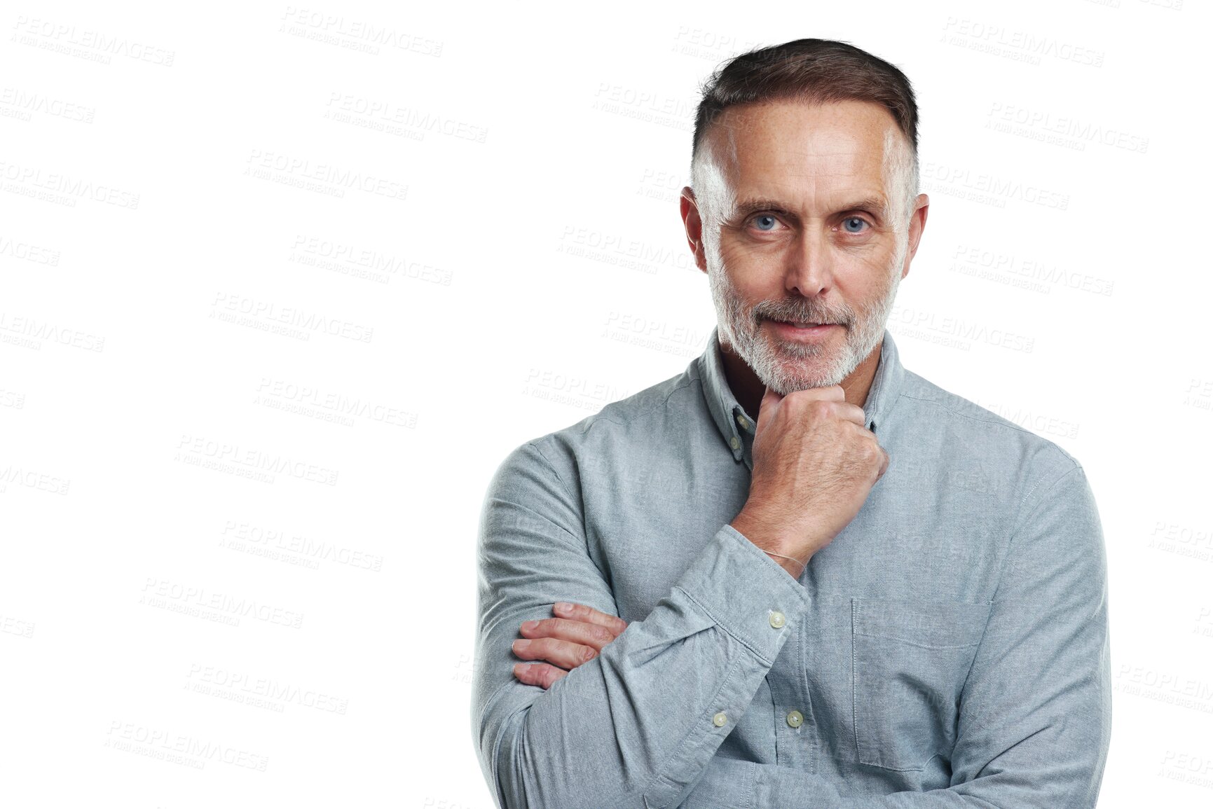 Buy stock photo Portrait, business and man with confident smile, hand on face isolated on transparent png background. Mature, happy and confidence, businessman with pride in business and success for professional ceo